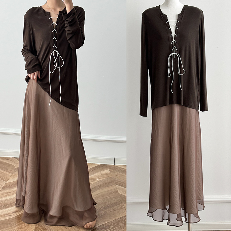 iis*se羊毛轻松外搭秋慵懒高级长袖绑带上衣a字长裙两件套代发