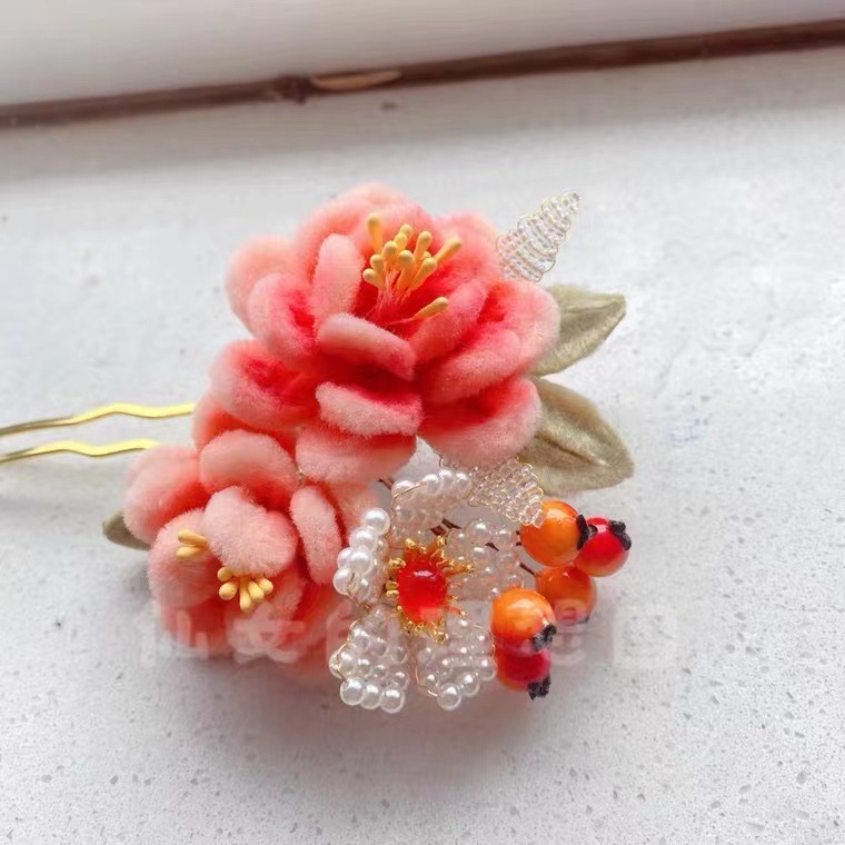 纯手工仿绒花古风汉服发簪温柔甜美