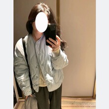 网红 韩系蓝色羽绒棉服女秋冬奶系学生轻薄面包服棉衣菱格外套潮