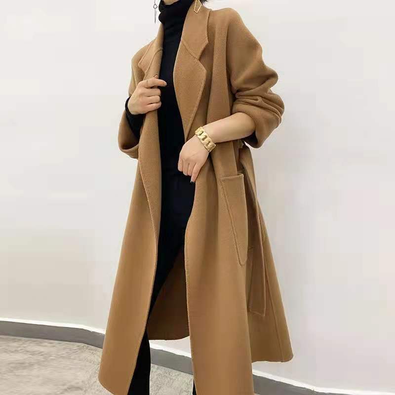 批发双面羊绒大衣女中长款2021秋冬新款宽松过膝羊毛呢外套厚大码