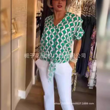 跨境欧美女士衬衫亚马逊独立站女装外贸夏季V领时尚优雅印花衬衫