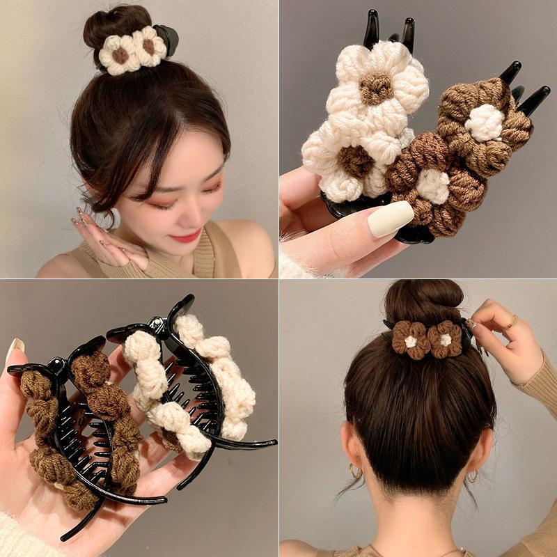 秋冬季复古针织花朵丸子头抓夹ins网红发夹女后脑勺发卡夹子头饰