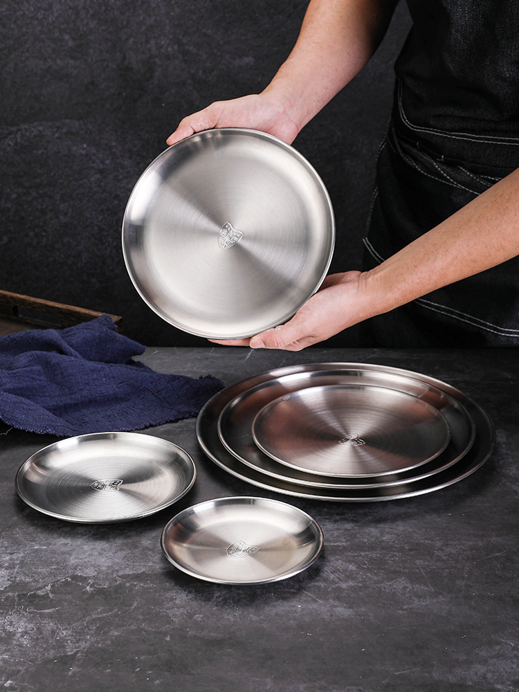 韩式不锈钢圆盘平盘浅盘吐骨碟烤肉盘烧烤盘火锅盘子碟子餐盘商用