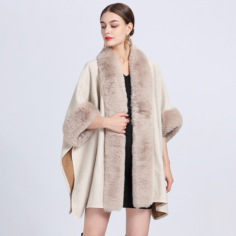 881# European and American Autumn and Winter New Imitation Rex Rabbit Fur Collar Shawl Cape Oversized Knitted Cardigan Woolen Coat for Women