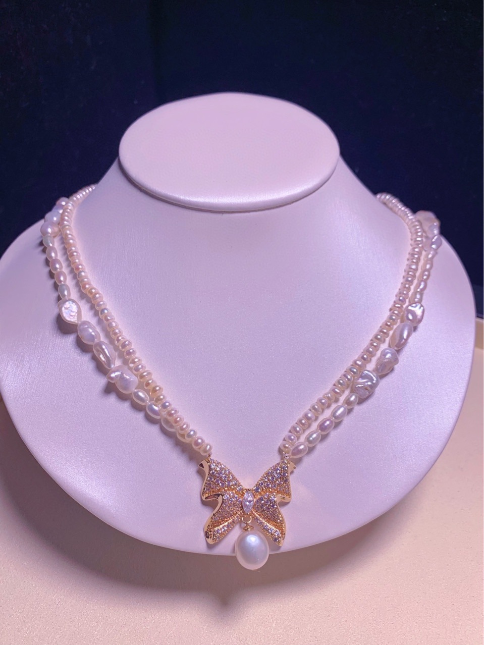 淡水珍珠双层蝴蝶结项链4-9大小珠混搭巴洛克小众时尚个性气质女