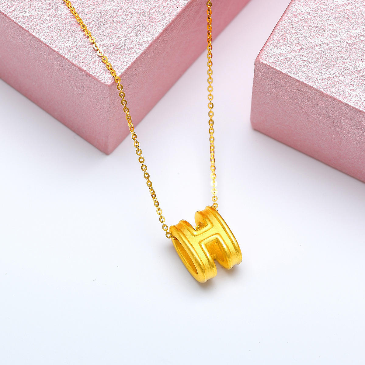 3d硬金项链999足金h字母吊坠 转运珠锁骨黄金项链h字母项链送女友