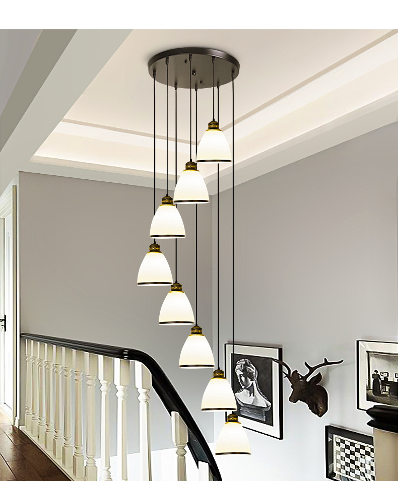 楼梯吊灯轻奢美式楼梯间水晶吊灯长灯旋转复式楼长线多头loft灯具