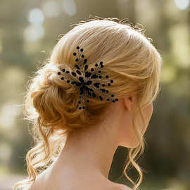 跨境新娘水晶发簪头饰 婚礼宴会礼服发饰万圣节手工黑色串珠插针