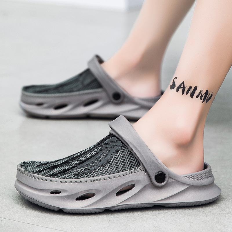 2025夏季外贸大码4647网布凉鞋半包休闲洞洞鞋男沙滩懒人半拖鞋