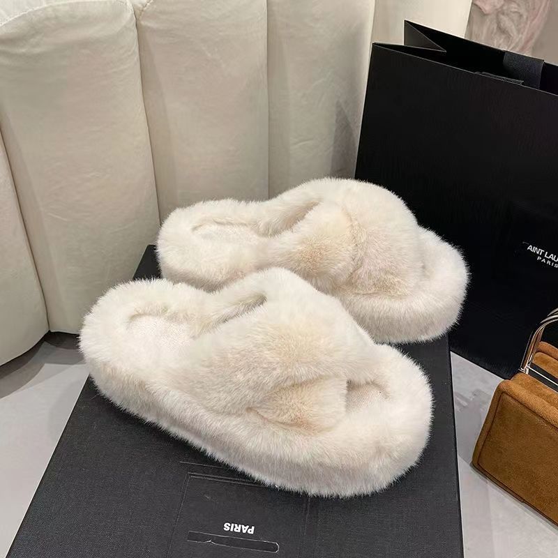 Thick Bottom Cross Belt Fluffy Slippers Female Fall and Winter Outer Wear 2022 New Muffin Thick Bottom Soft Bottom Home Cotton Slippers