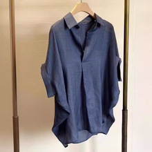 设计感小众短袖真丝衬衫夏季法式温柔风气质真丝超好看藏蓝色上衣