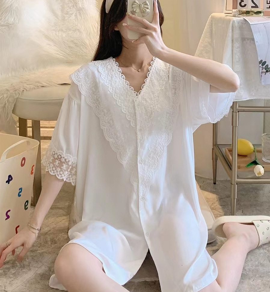 夏季新款睡衣女冰雪丝短裙v领蕾丝花边均码大码纯色睡裙家居服夏