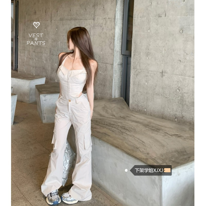 美式街头辣妹套装女春季2024新款抹胸上衣工装裤个性网红两件套潮