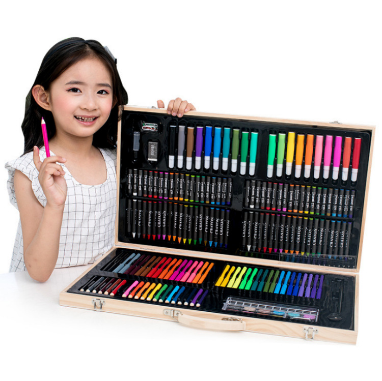 stationery  Children's Day 180 Wooden Box Brush Set Watercolor Pen Gift Box Painting Supplies Office Wax Crayon Oil Pastels