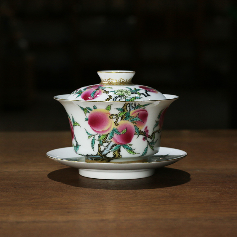 景德镇粉彩寿桃大盖碗釉上彩描金福寿康宁三才杯功夫茶具送礼陶瓷