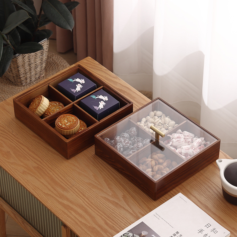 New Chinese Nuts Snack Storage Box Living Room Home New Year Grid Dried Fruit Box Melon Seeds Candy Box Solid Wood Fruit Plate