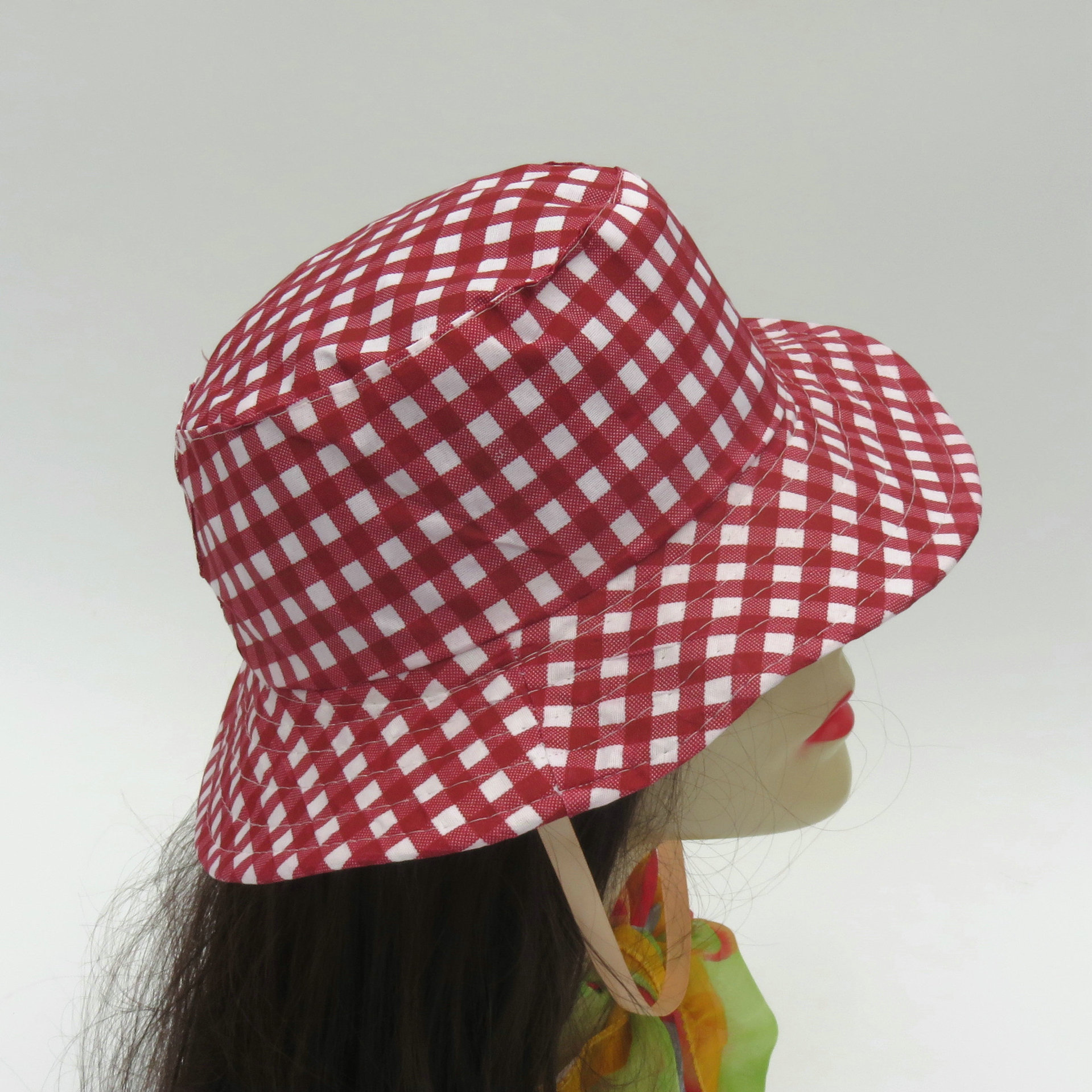 帽子女士夏天布帽格子双面可戴渔夫帽盆帽折叠户外防晒大沿遮阳帽