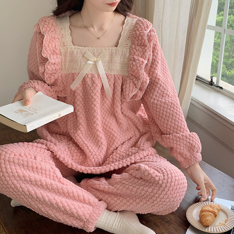 冬季玫瑰绒睡衣女新款甜美公主风长袖长裤学生可外出保暖家居服厚