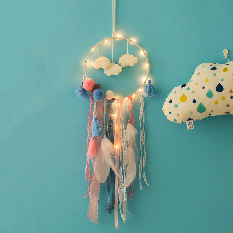 捕梦网diy羽毛带灯手工风铃挂件少女心补梦网房间室内装饰品挂饰