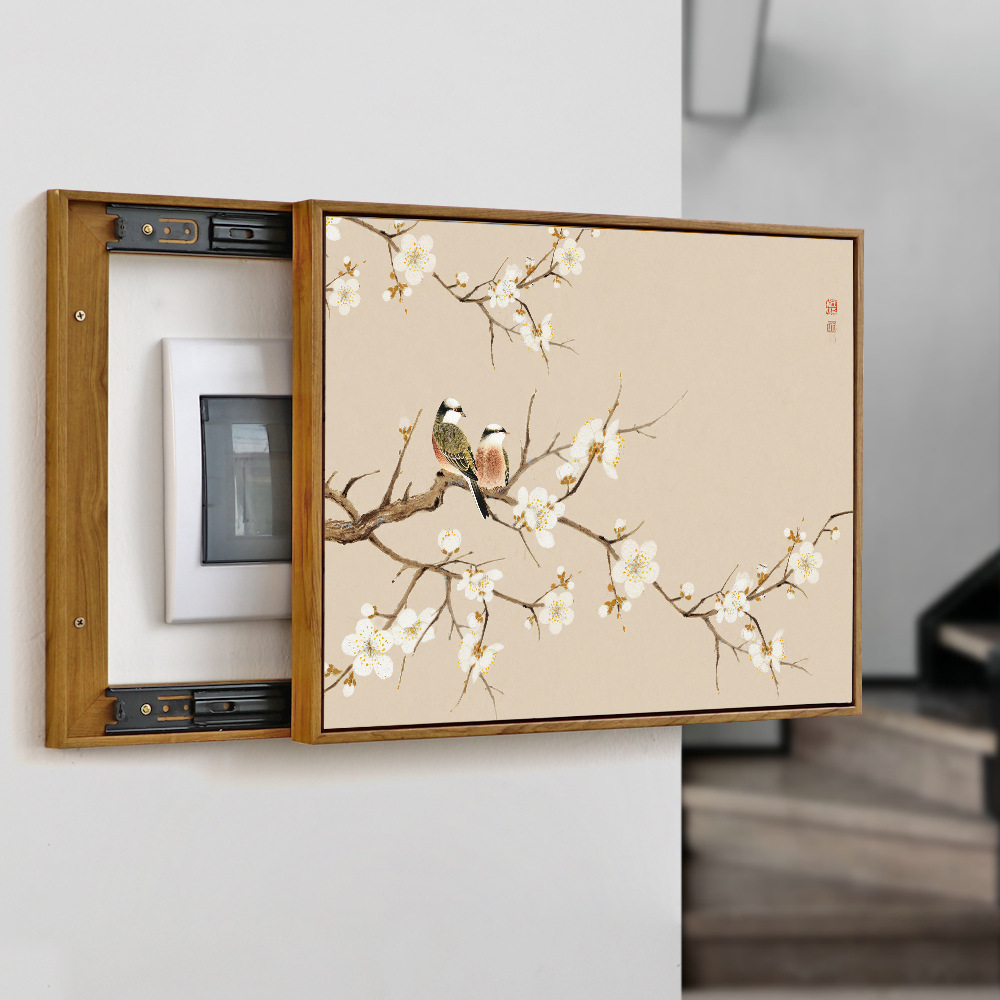 新中式电表箱装饰画花鸟挂画风可推拉式配电箱弱电盒开关壁画