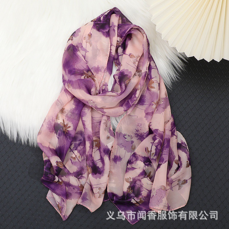 Lotus Printed Silk Scarf Women's Chiffon Scarf Wholesale Spring and Summer Sunscreen Shawl Autumn and Winter Warm Scarf Scarf Scarf