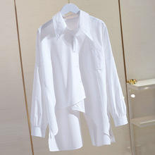 白色衬衫女秋装长袖宽松韩版中长款时尚ins设计感小众不规则衬衣
