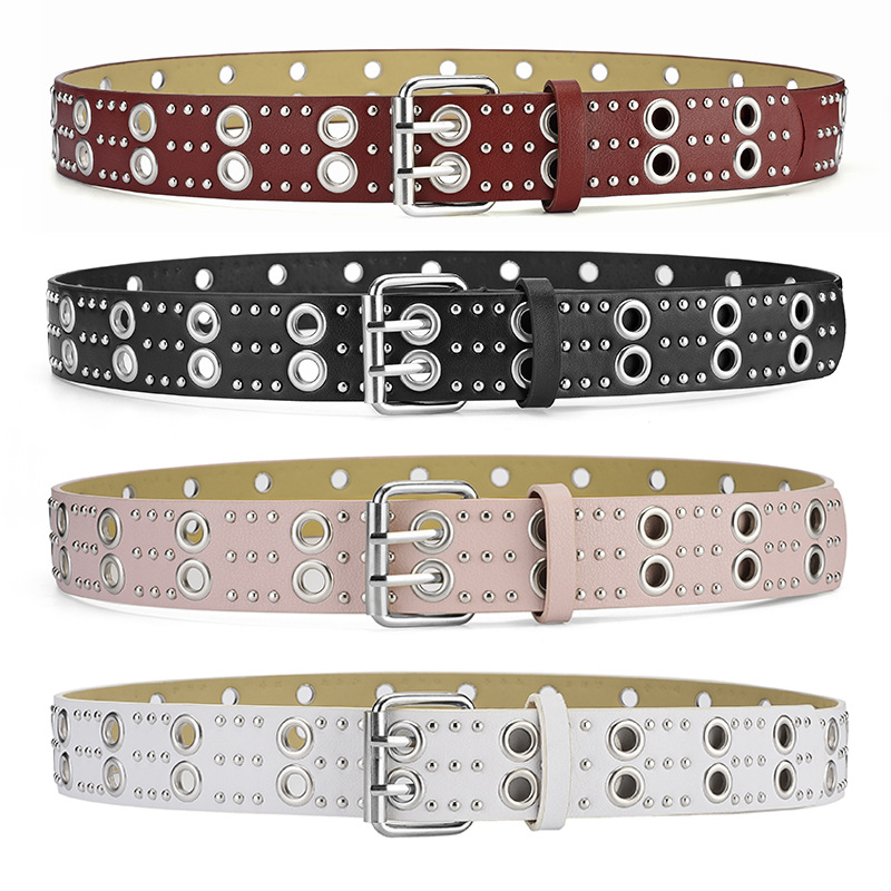 European and American Punk Hollow-out Rivets Belt Men and Women All-Matching Trendy Double Row Pin Buckle Belt for Women Special Decoration New