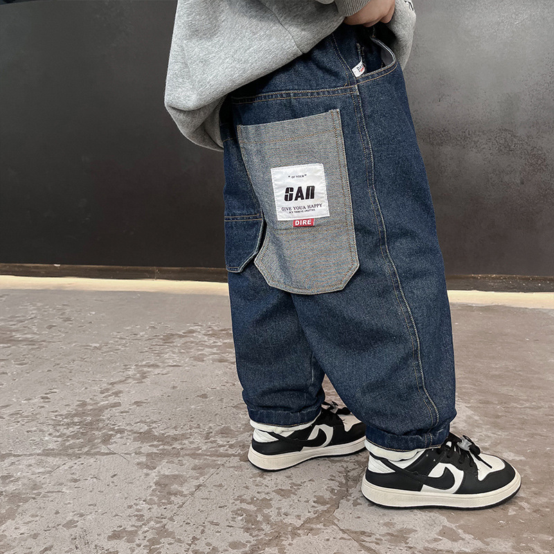 Children's Cool 2023 Winter New Children's Clothing Western Style Children's Casual Trousers Korean Style Labeling Single-Layer Fleece-Lined Boys' Jeans
