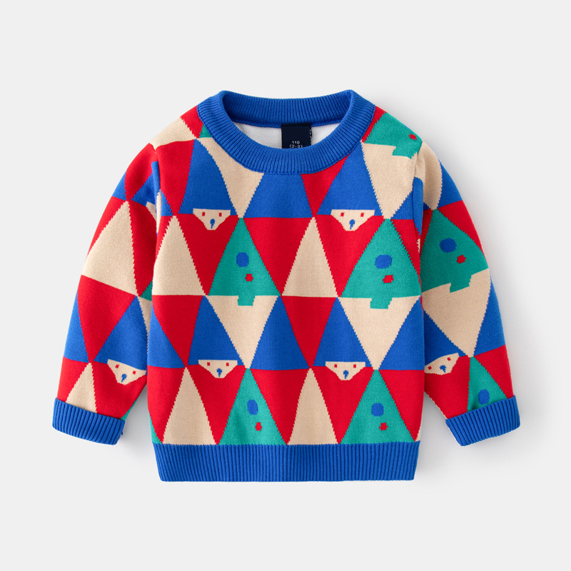 童装男女童双层棉线套头毛衣2022秋冬新款宝宝菱格提花细毛线衫