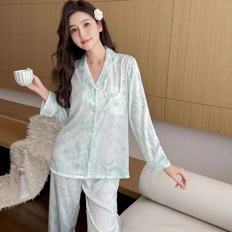 女士睡衣春秋款冰丝家居服女仿真丝绸空调服翻领开衫可外穿套装