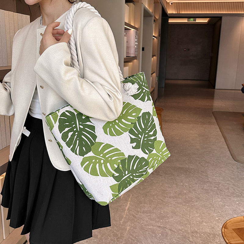 Creative Printing One-Shoulder Large Bags New Casual Fashion Canvas Women's Bag Korean Style Shoulder Crossbody Thick Rope Beach Bag