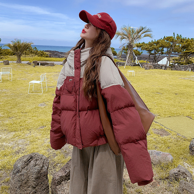 撞色羽绒棉服女短款小个子今年流行冬装外套韩系面包服棉衣潮