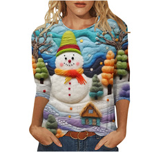 跨境女装圣诞节新款雪人印花亚马逊t恤 圆领7分袖T恤