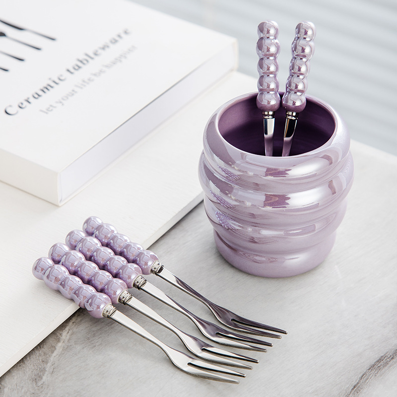 Light Luxury Ins Pearl Fruit Fork Set Creative Colorful Ceramic Storage Tank Household Stainless Steel Fork Fruit Fork Jar