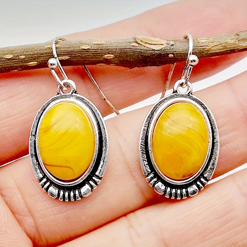 拼多多wish新款镀925复古泰银蜜蜡耳环 欧美时尚镶嵌松香玉耳坠