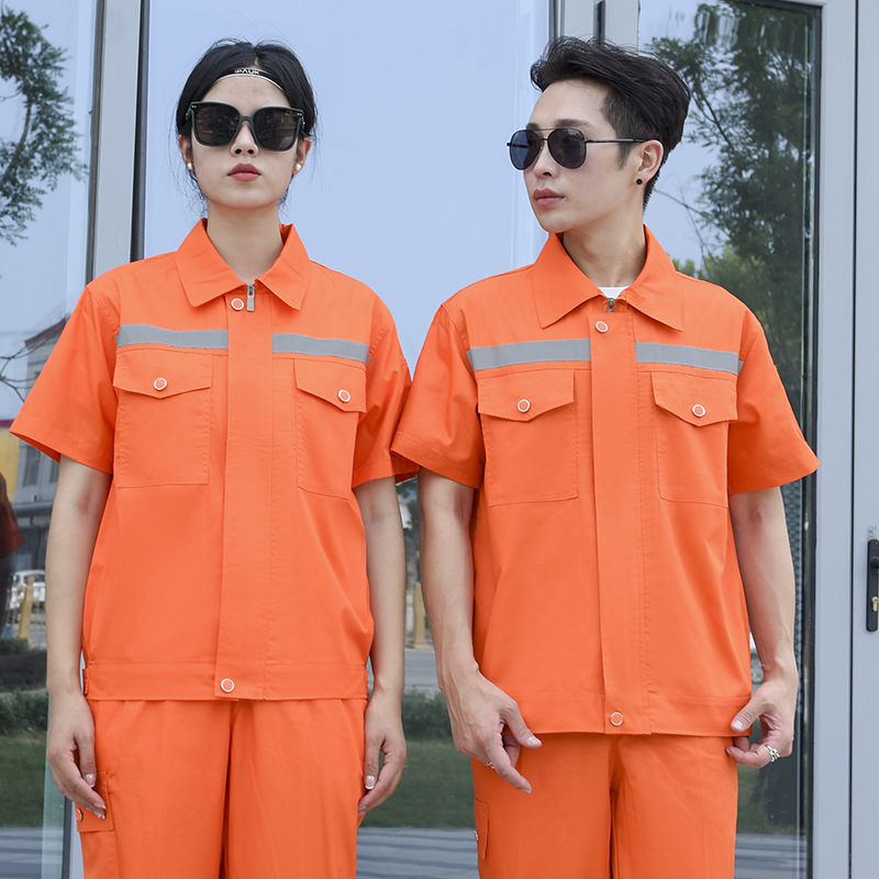 Summer Short-Sleeved Overalls Suit Men's and Women's Garage Work Suit Construction Site Workshop Factory Clothing Labor Overalls Reflective Stripe Uniform