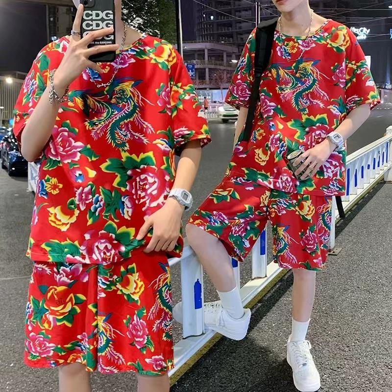 东北大花布衣服男棉绸睡衣网红姐妹闺蜜装人造棉套装女外穿时尚跨