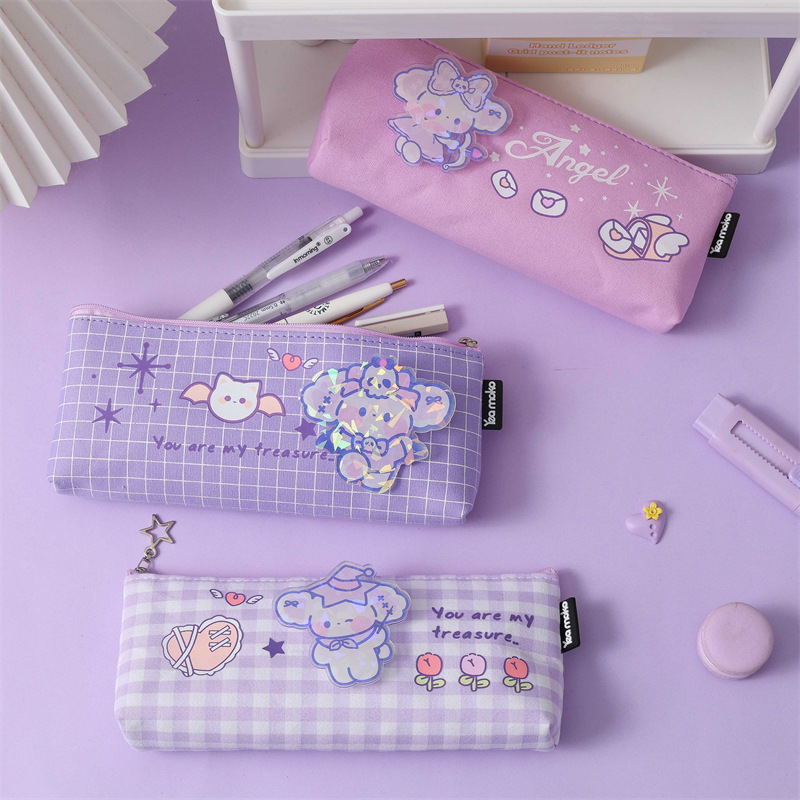 Ins Cute Canvas Stationery Bag Wholesale Primary School Student Cartoon Creative Simple Large Capacity High-Looking Girl Pencil Case
