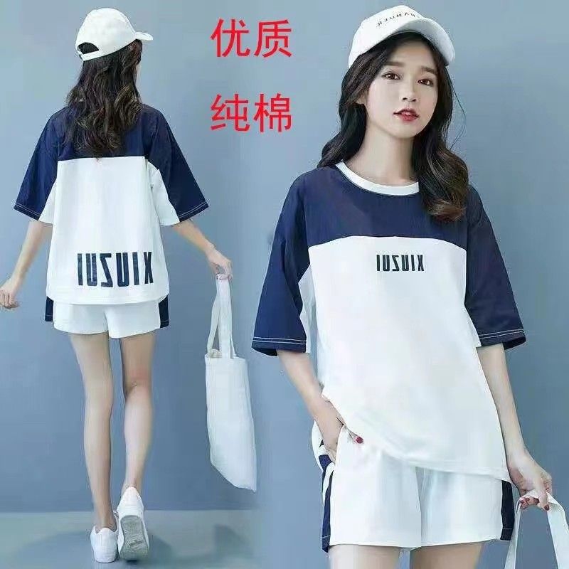 休闲运动服套装女夏季上衣恤女短袖短裤初中体考跑步两件套-阿里巴巴