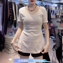 法式v领短袖t恤女夏季2024新款韩版设计感收腰减龄显瘦中长款上衣