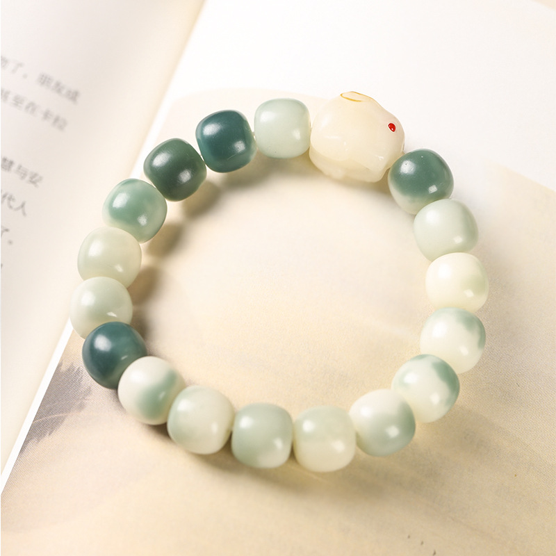 Original Ecology Greenery Leather Fresh Gradient Green Bodhi Hand Toy Bracelet Female Pliable Temperament Rabbit Year Single Bracelet