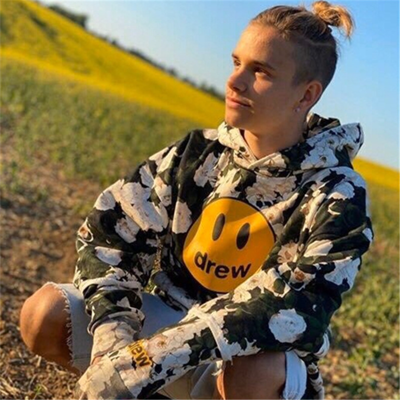 20ssjustin bieber drew笑脸连帽花卉冰玫瑰满印高街情侣同款卫衣