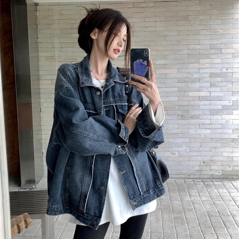 2024春秋新款韩版街头风复古水洗牛仔外套女毛边做旧牛仔衣宽松潮