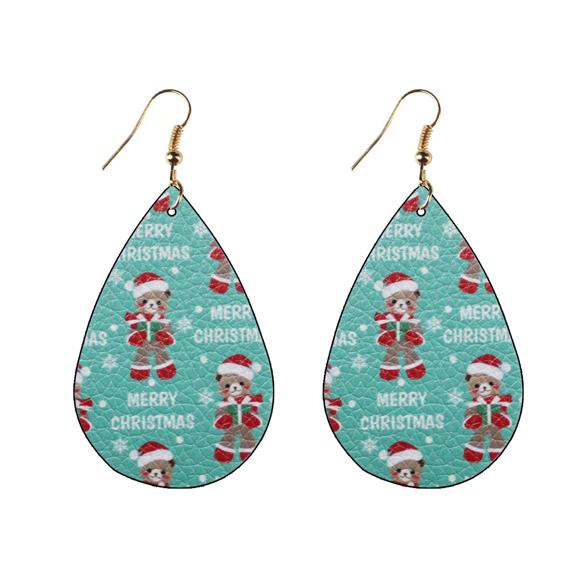 Leather Oil-Edged Earrings Christmas Christmas Tree Santa Claus Water-Drop Eardrops Holiday Ornament in Stock