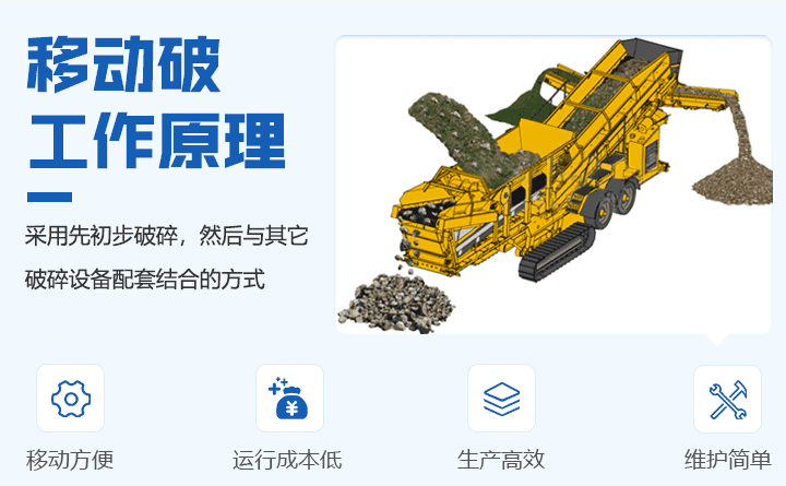 简单来说,移动式破碎机的原理是采用先初步破碎,然后与其它破碎设备