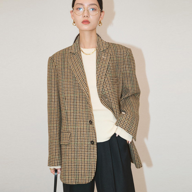 四媛 早秋c家秀款高定棕色格纹西装欧美风气质通勤好搭西装外套女