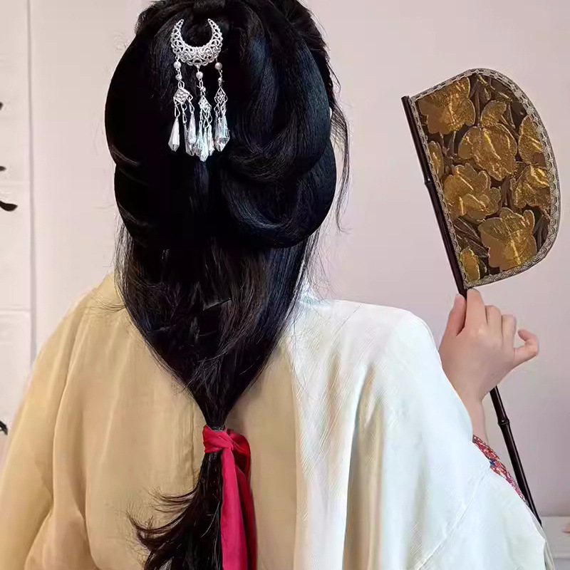 古风汉服头饰仿苗银月牙流苏发夹仙女步摇超仙古装战国袍配饰发簪