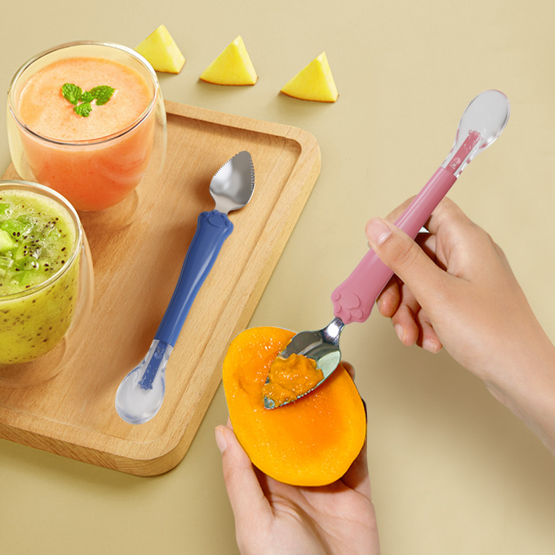 wholesale children‘s double-headed stainless steel silicone fruit puree spoon baby training solid food spoon mud scraper spoon