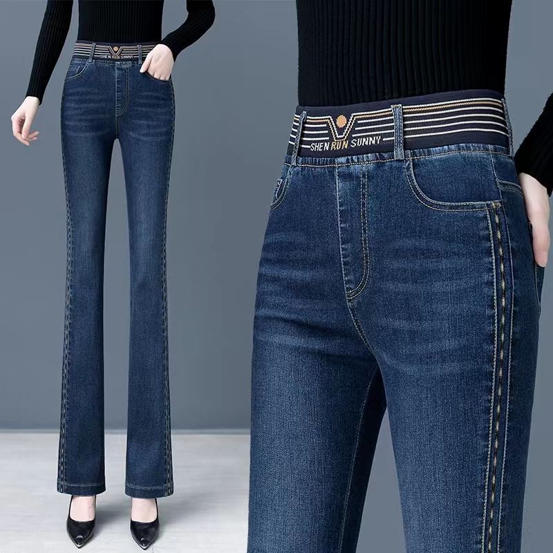 elastic waist jeans women‘s pants 2024 spring and autumn new elastic bootcut trousers high waist velvet padded bell-bottom pants women‘s pants