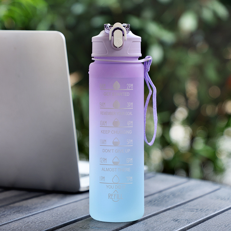 Gradient Color Water Cup Simple Rope Holding Sports Bottle Student Scale Cup with Straw Sports Kettle Good-looking Children's Water Bottle